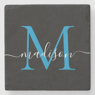 Modern Black Blue Monogram Feminine Script Name Stenen Onderzetter