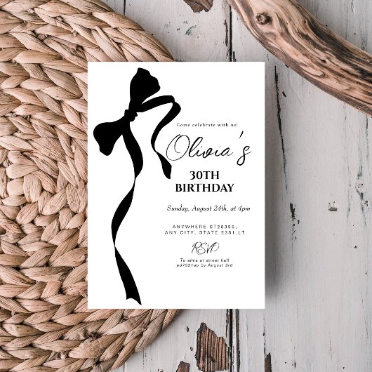 Modern black bow 30th birthday party invitation