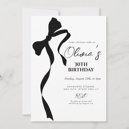 Modern black bow 30th birthday party invitation (Devant)