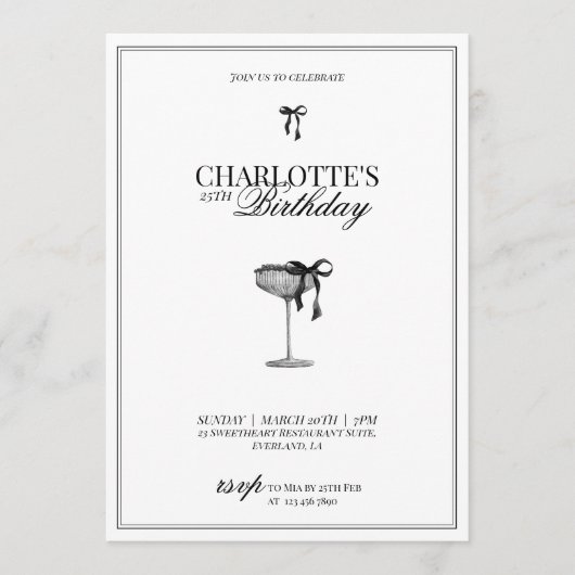 Modern Black Bow Champagne Birthday Invitation (Devant)
