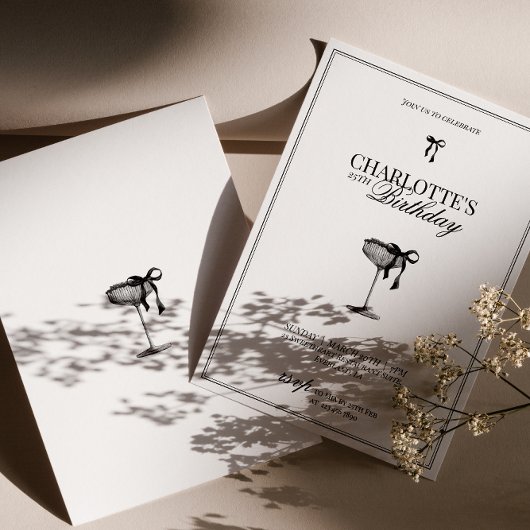 Modern Black Bow Champagne Birthday Invitation
