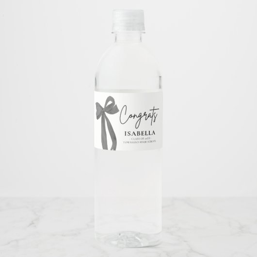 Modern Black Bow Coquette Afstuderen Afstuderen Waterfles Etiket (Voorkant)