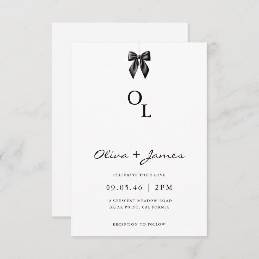Modern Black Bow Monogram Wedding Invitation Kaart (Voorkant / Achterkant)
