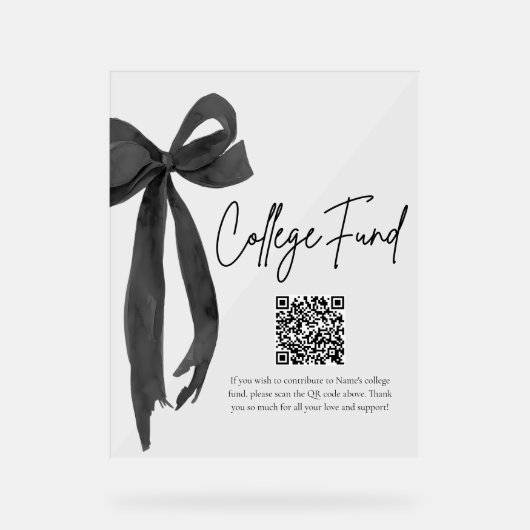 Modern Black Bow QR Code College Fund Afstuderen Acryl Bord (Voorkant)