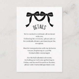 Modern Black bow Wedding Details Enclosure Card  Informatiekaartje
