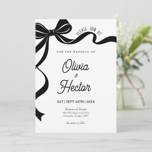 Modern Black Bow Wedding Invitation  (Debout devant)