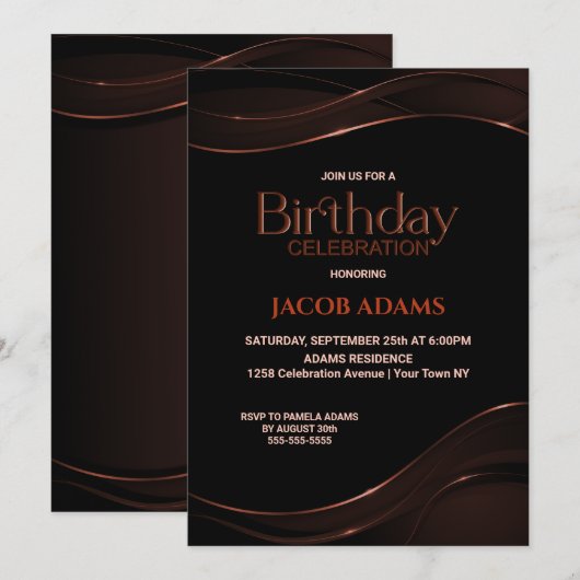 Modern Black Brown Birthday Party Invitation Kaart (Voorkant / Achterkant)