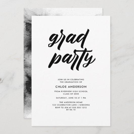Modern Black Brush Script Photo Graduparty Kaart (Voorkant / Achterkant)