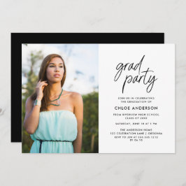 Modern Black Brush Script Photo Graduparty Kaart