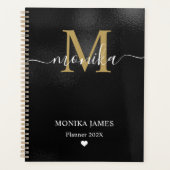 Modern Black Brushed Metal Gold Heart Monogram Planner (Voorkant)