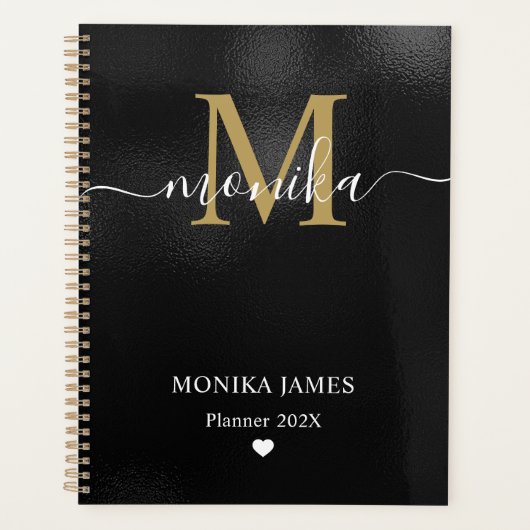 Modern Black Brushed Metal Gold Heart Monogram Planner (Voorkant)