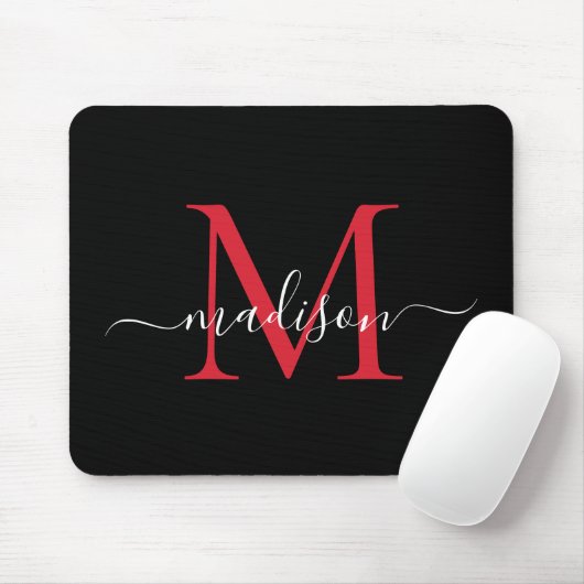 Modern Black Burgundy Red Monogram Girly Script Muismat (Met muis)