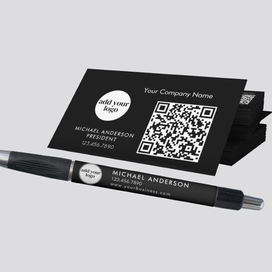 Modern Black Business Custom Logo en QR-code Visitekaartje