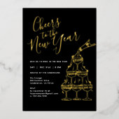 Modern Black Cheers to the New Year Party Folie Uitnodiging (Voorkant)