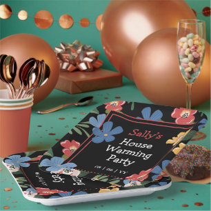 Modern Black Colorful Floral House Warming Party Papieren Bordje