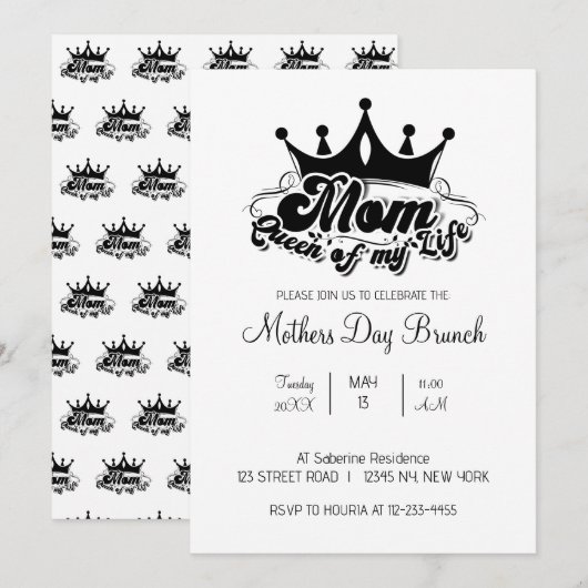 Modern Black Crown MOM Queen of my life Invitation (Devant / Derrière)