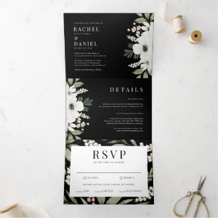 Modern Black Elegant Floral Botanical Wedding Drieluik Uitnodiging