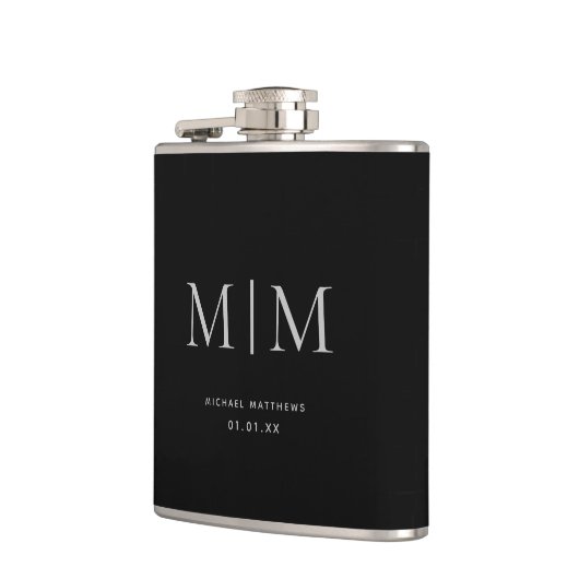 Modern Black Elegant Monogrammed Initiaal Name Heupfles (Links)