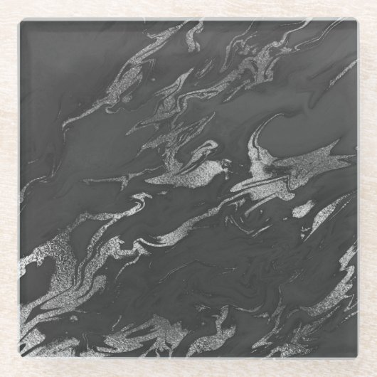 Modern Black en Silver Marble Pattern Glazen Onderzetter (Voorkant)