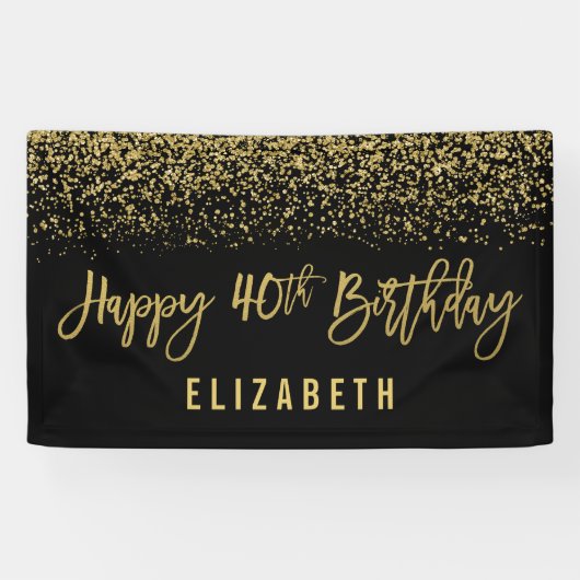Modern Black Faux Gold Glitter 40th Birthday Spandoek (Horizontaal)
