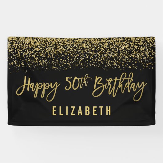 Modern Black Faux Gold Glitter 50th Birthday Spandoek (Horizontaal)