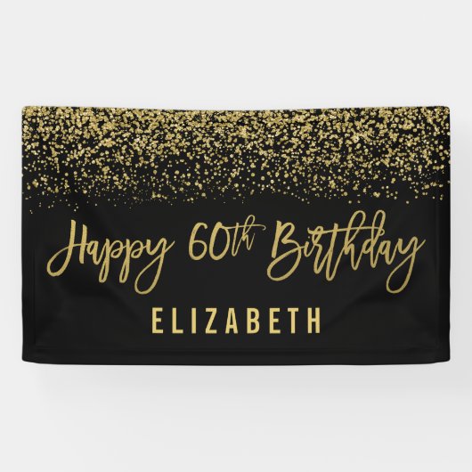 Modern Black Faux Gold Glitter 60th Birthday Spandoek (Horizontaal)