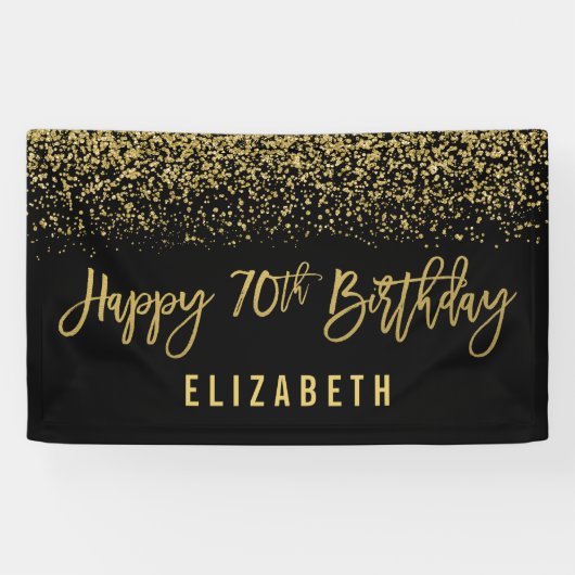 Modern Black Faux Gold Glitter 70th Birthday Spandoek (Horizontaal)