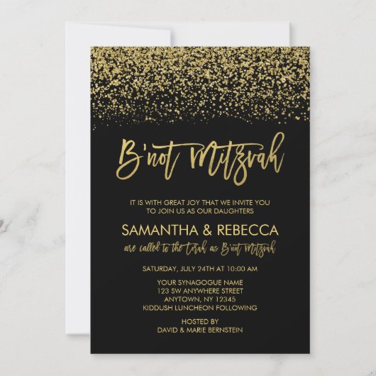 Modern Black Faux Gold Glitter B'not Mitzvah Kaart (Voorkant)