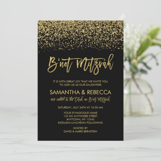 Modern Black Faux Gold Glitter B'not Mitzvah Kaart (Staand voorkant)