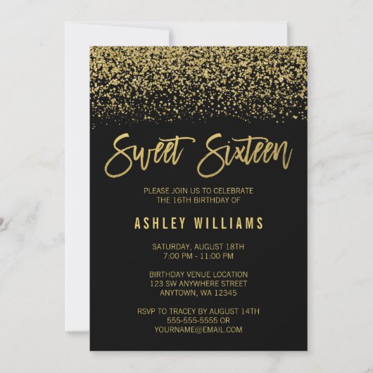 Modern Black Faux Gold Glitter Sweet 16 Birthday Kaart (Voorkant)