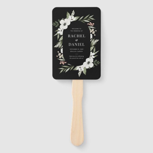 Modern Black Floral Botanical Wedding Programme Handwaaier (Voorkant)