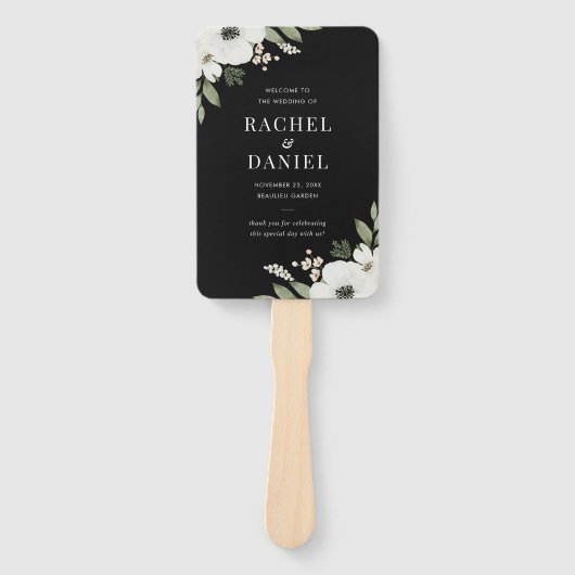 Modern Black Floral Botanical Wedding Programme Handwaaier (Voorkant)