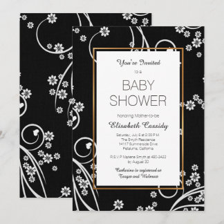 Modern Black Floral Gold Baby shower Invitation Kaart