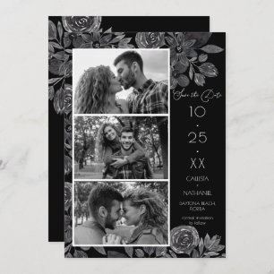 Modern Black Floral Waterverf Photo Wedding Save The Date