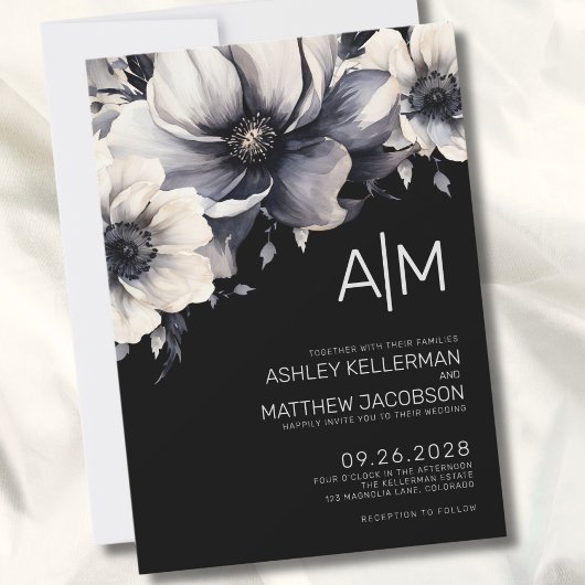 Modern Black Floral Wedding Kaart