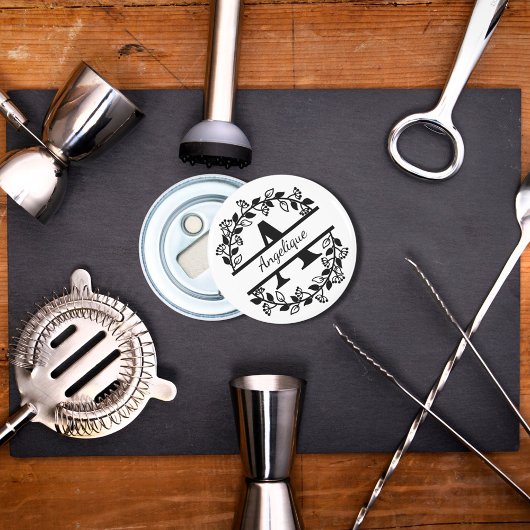 Modern Black Floral Wreath Split Monogram "A" Button Flesopener