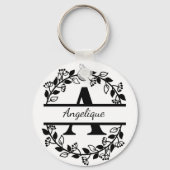 Modern Black Floral Wreath Split Monogram "A" Sleutelhanger (Achterkant)