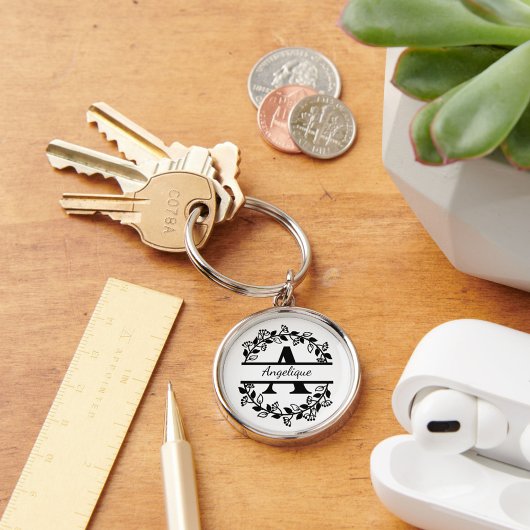 Modern Black Floral Wreath Split Monogram "A" Sleutelhanger