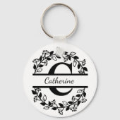 Modern Black Floral Wreath Split Monogram "C" Sleutelhanger (Voorkant)