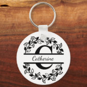 Modern Black Floral Wreath Split Monogram "C" Sleutelhanger (Voorkant)