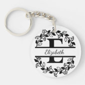 Modern Black Floral Wreath Split Monogram "E" Sleutelhanger (Voorkant)