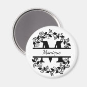 Modern Black Floral Wreath Split Monogram "M" Magneet (Voorkant / Achterkant)