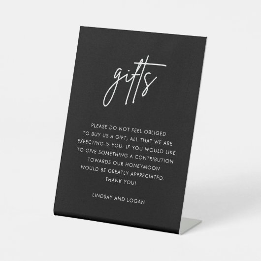 Modern Black Gift Registry Honeymoon Wedding Reclamebord Met Voetstuk (Voorkant)