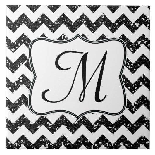 Modern Black Glitter Chevron Monogram Display Tile Tegeltje (Voorkant)