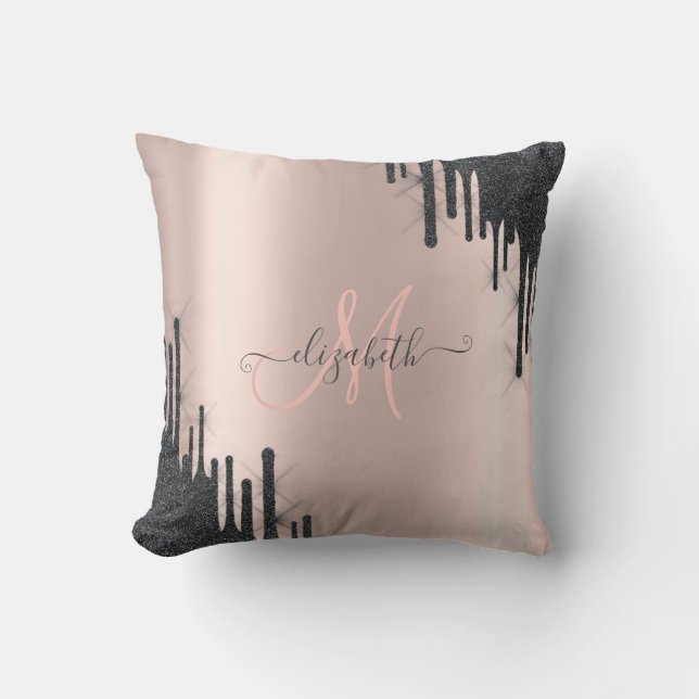 Modern Black Glitter Drift Roos Gold Monogram Kussen (Voorkant)
