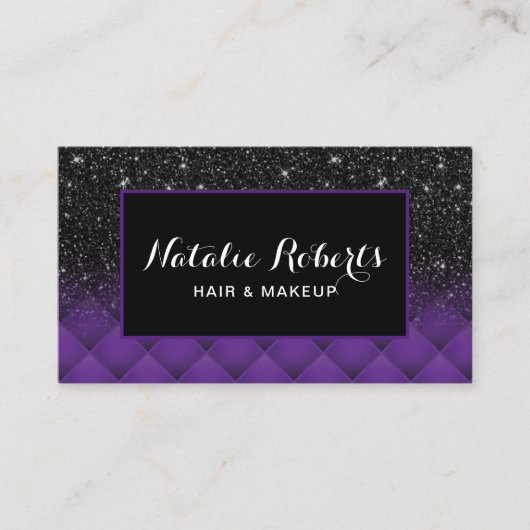 Modern Black Glitter Paars Diamond Pattern Salon Visitekaartje (Voorkant)