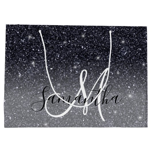 Modern Black Glitter Sparkles Personalized Name Groot Cadeauzakje (Achterkant)