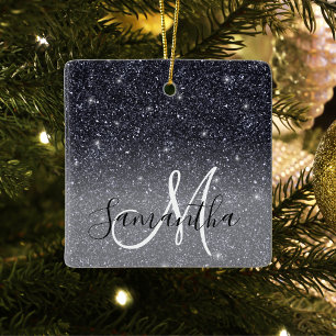 Modern Black Glitter Sparkles Personalized Name Keramisch Ornament