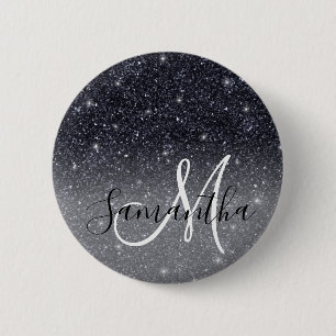 Modern Black Glitter Sparkles Personalized Name Ronde Button 5,7 Cm