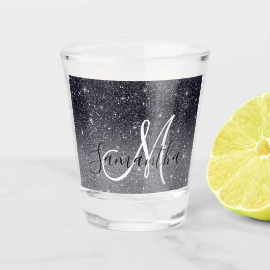 Modern Black Glitter Sparkles Personalized Name Shot Glas (Voorkant)